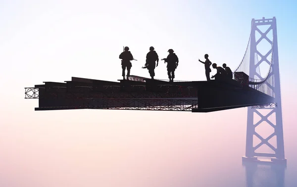 Silhouettes Soldiers Bridge Render — Stock Photo, Image