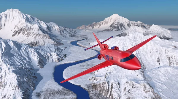 Plane over the snowy mountains. — Stock Photo, Image