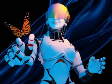 Robot ve kelebek siyah arka planda, 3D görüntüleme