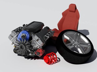 Beyaz arkaplandaki arabanın ayrıntıları., 3D görüntüleme