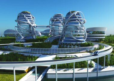 Geleceğin 3D görüntülerinden oluşan fantastik bir şehir