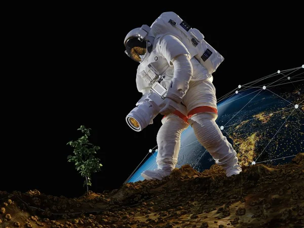 宇航员在地球上带着相机 3D渲染 — 图库照片