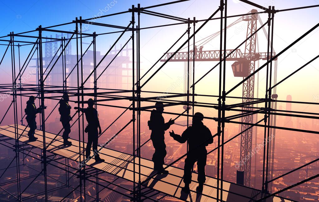 Silhouette of the workers on a background of the sky ,3d render