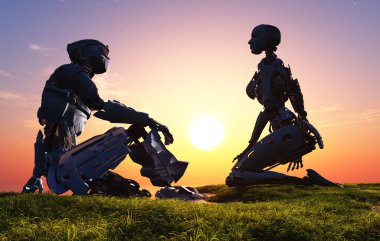 Sahilde 3 boyutlu bir robot grubu var.