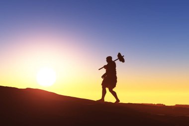 İlkel insan silueti güneşe karşı, 3 boyutlu.