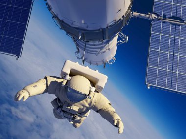 Dünya 'nın lanshafty arka planındaki astronot ve uzay istasyonu. .3d oluşturma