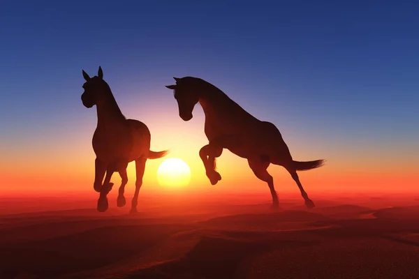 Cavalos Bebem Água Pôr Sol Render — Fotografia de Stock