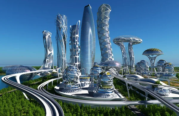 Una Città Fantastica Dal Futuro Render — Foto Stock