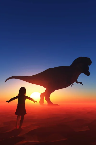 Girl Runs Dinosaur Render — стоковое фото