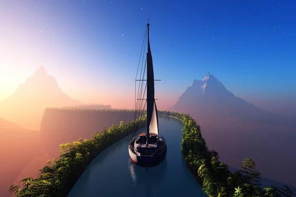 漂亮的风景和游艇 3D渲染 — 图库照片