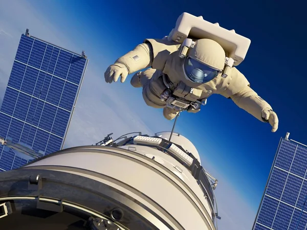 Astronauta Espacio Alrededor Del Battarei Solar Render — Foto de Stock