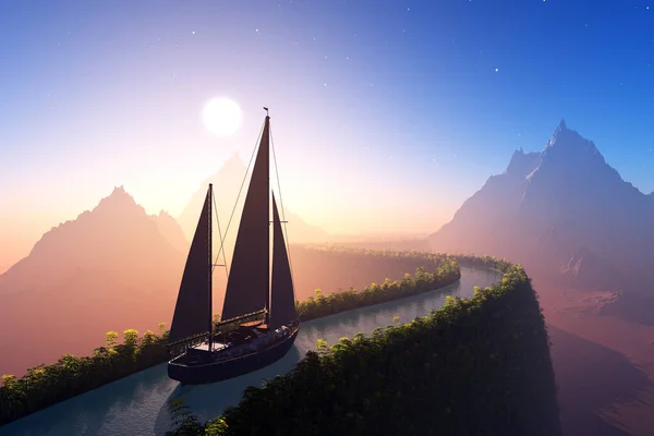 Fantastic Landscape Yacht Render — Stock Photo, Image