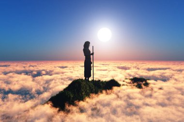 İsa 'nın görüntüsü bulutların arka planına karşıdır.