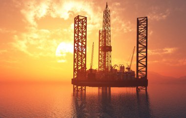 Akşam gökyüzünde petrol üretimi., 3D render