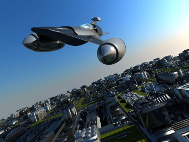 bir arka planda bir uzay aracı bir şehir, 3D görüntüleme