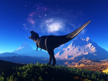 Renkli gökyüzünün arka planında dev bir dinozor var.