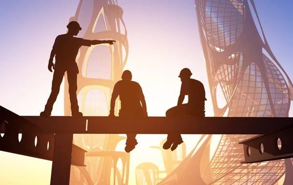 Trabalhadores Contra Pano Fundo Cidade Render — Fotografia de Stock