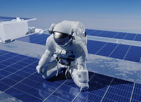 Astronautas Espaço Torno Battarei Solar Renderização — Fotografia de Stock