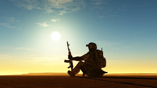 Silhouette Soldat Contre Soleil Rendu — Photo