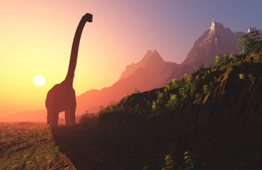 Renkli gökyüzünün arka planında dev bir dinozor var.