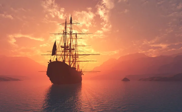 Vintage Sailboat Sea Sunset Render — Stock Photo, Image