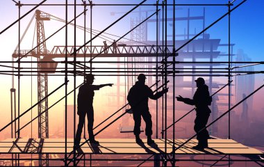 İşçilerin silueti gökyüzünün arka planında, 3D görüntüleme