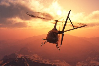 Arka planda sivil bir helikopter. 3D bir manzara.