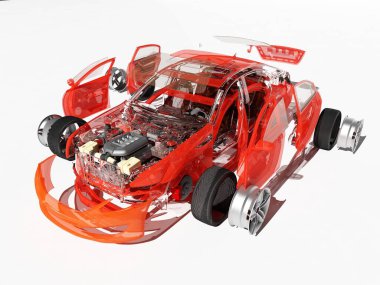 Beyaz arkaplandaki arabanın ayrıntıları., 3D görüntüleme