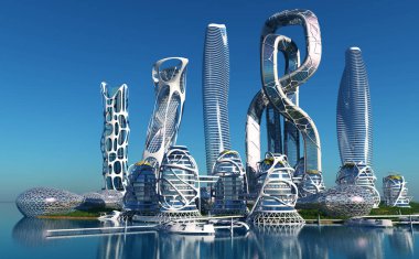 Şehrin arka planına karşı içerideki şık bina., 3D görüntüleme