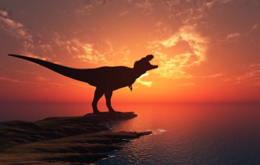Renkli gökyüzünün arka planında dev bir dinozor var.
