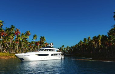 Modern bir yat ve denizde bir ada. , 3d canlandırma