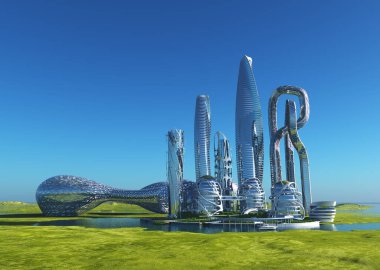 Arka plandaki modern bina peyzaj 3D oluşturucu