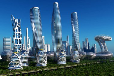 Gelecekten gelen fantastik bir şehir. 3D görüntüleme.