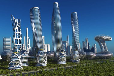 Gelecekten gelen fantastik bir şehir. 3D görüntüleme.