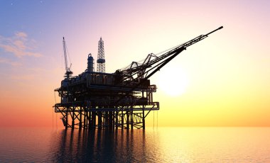 Akşam gökyüzünde petrol üretimi., 3D render