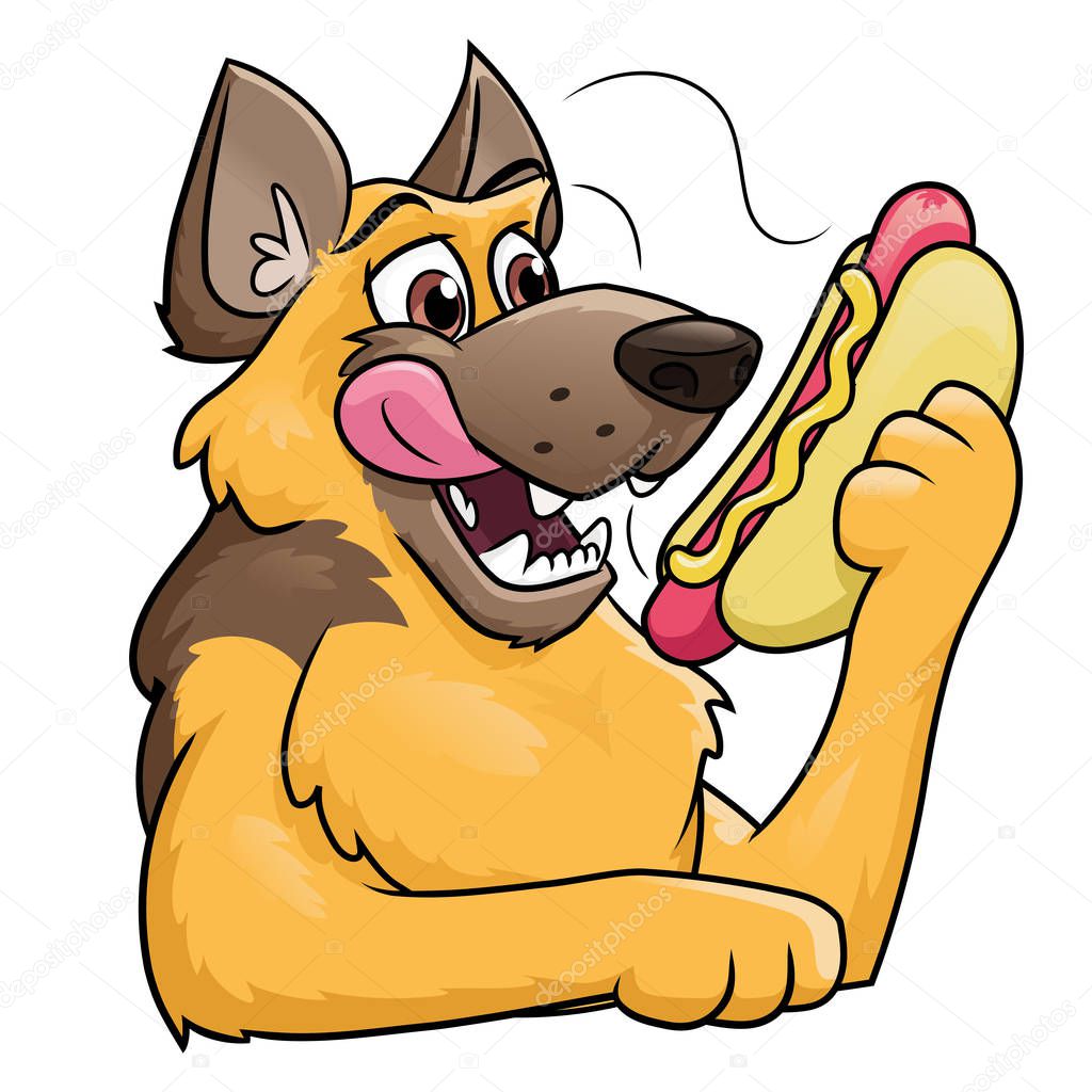 Illustration of a hungry dog holding a hot dog