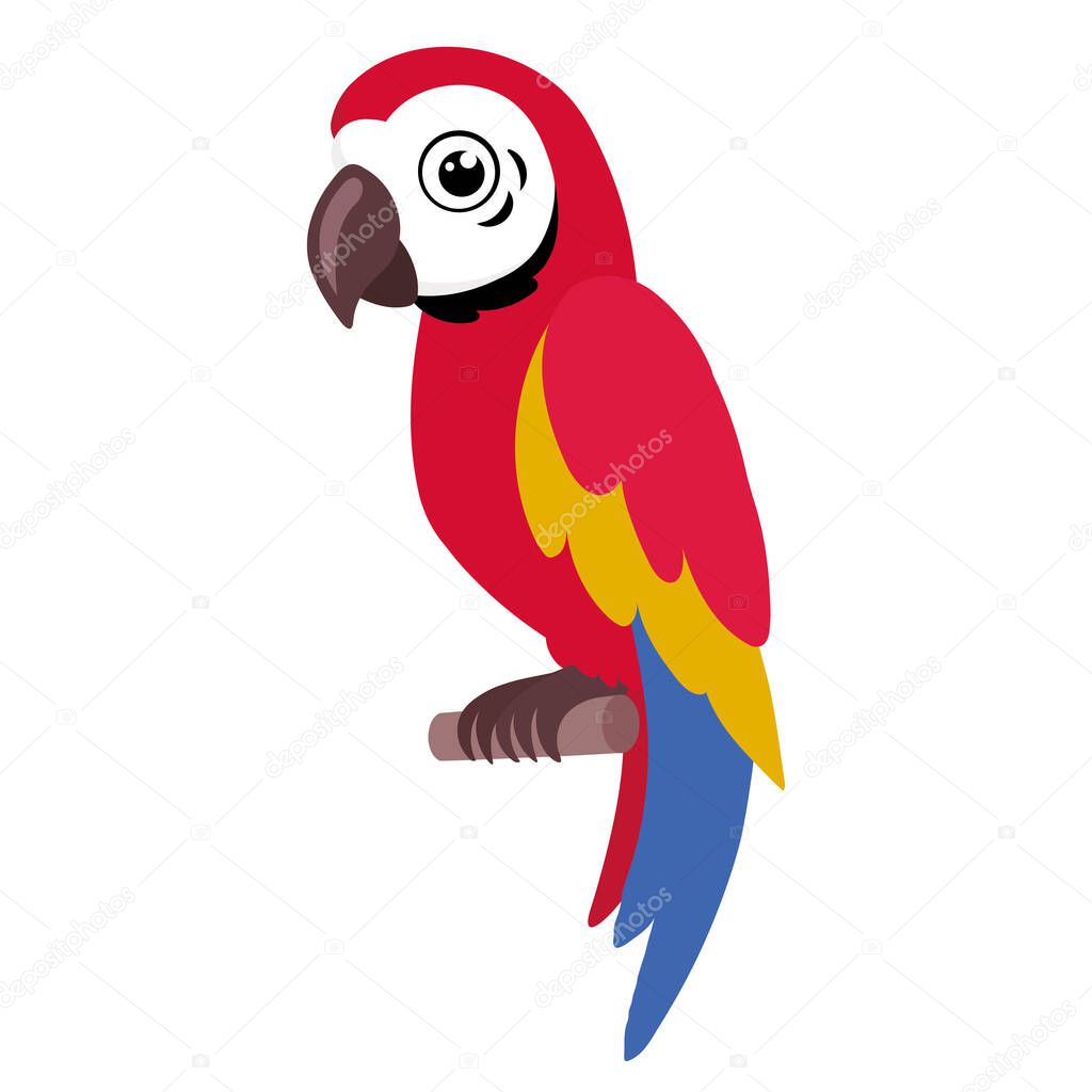 Illustration of a colorful parrot sitting on a branch on a white background