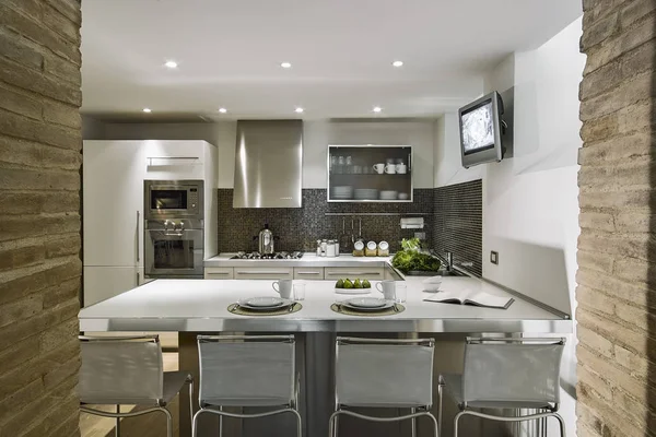 Interiors Shots Modern Kitchen Kitchen Island Wooden Floor — Stock Photo, Image