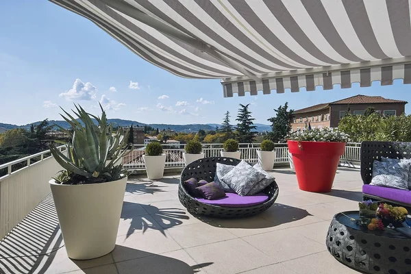 Exteriors Shots Modern Terrace Awnings Sofas Armchairs Made Wicker Foreground — Stock Photo, Image