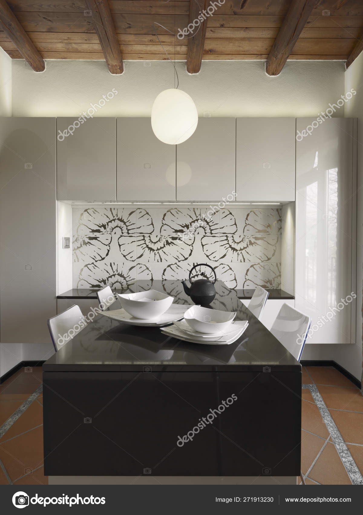 Dishes Foreground Dining Table Modern Kitchen Whose Floor Made Terracotta Stock Photo Aaphotograph 271913230