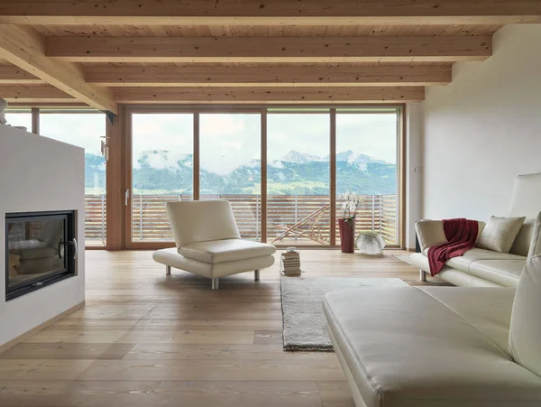 Interiörer bilder av ett vardagsrum med en modern skinnsoffor Stockbild