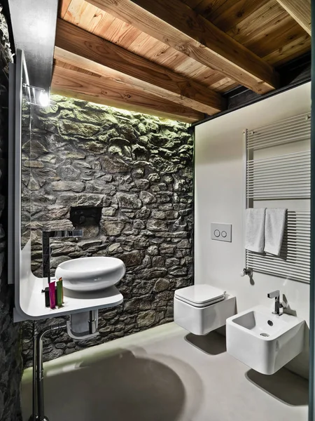 interiors shots a modern bathroom with stone wall and wooden cei