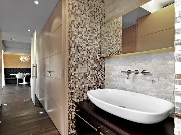 Interiors Modern Bathroom Foreground Right Side Countertop Washbasin Left Corridor — Stock Photo, Image