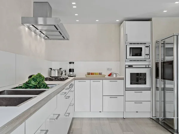 Interior Shots Modern Kitchen Steel Extractor Hood Wooden Floor — Stock Photo, Image