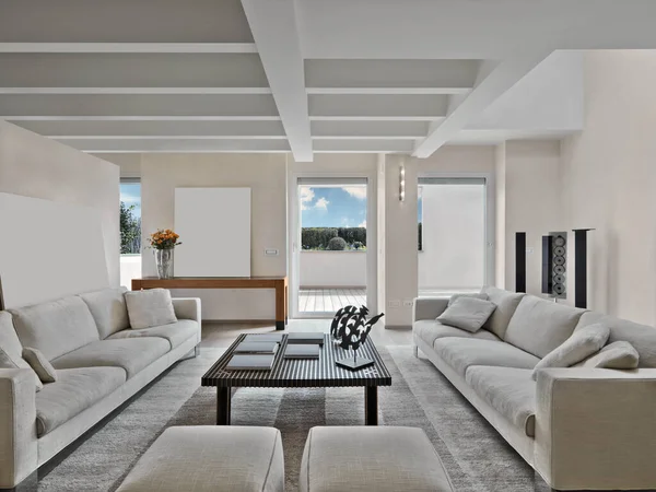 Interior Shots Living Room Mansard Foreground Fabric Sofa Carpet — Stock Photo, Image