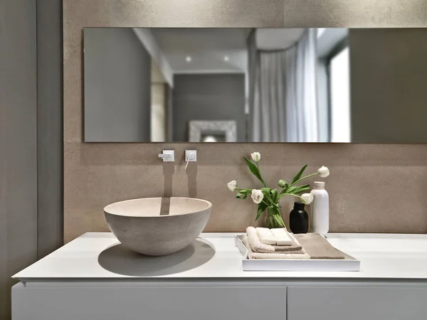 Countertop Washbasin White Washbasin Cabinet Modern Bathroom Sink Vase Flowers — Stock Photo, Image