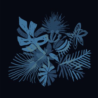 Neon tropikal çiçek kompozisyon, siyah arka plan