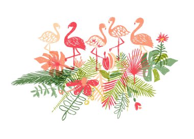 Lets flamingle, hand drawn exotic plant and bird clipart