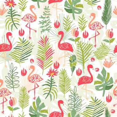 Tropical flower and flamingo seamless pattern clipart
