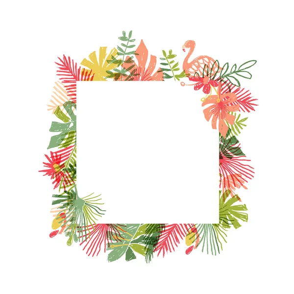 Fleur tropicale et flamant rose cadre dessiné à la main — Image vectorielle